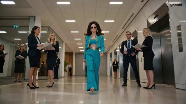 A strikingly confident young woman strides through a sleek modern office lobby in slow motion,…
