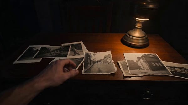 First-person POV, handheld cinematic shot of a man sitting at a wooden desk late at night. A di…