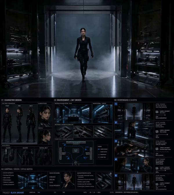 Create a cinematic film-style storyboard pre-production board, designed like a professional dir…