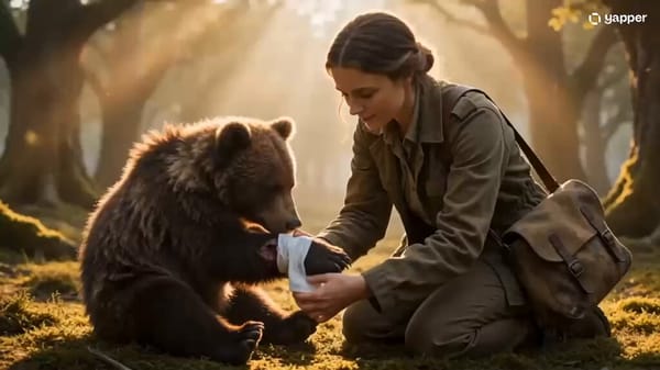 Characters: Kind female doctor in a field jacket and medical bag. Small injured baby bear. Maje…