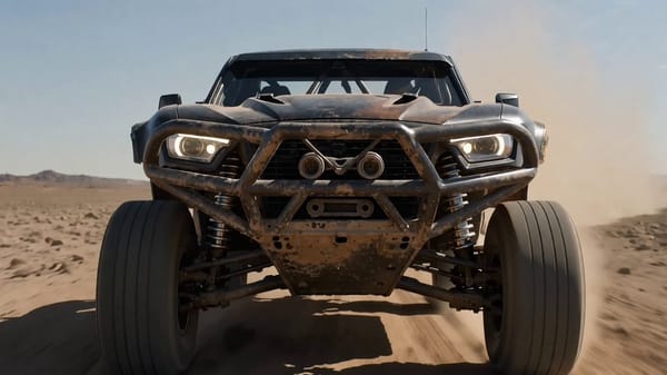 Hyper-realistic cinematic 15s action sequence. A racing truck speeds across desert terrain as a…