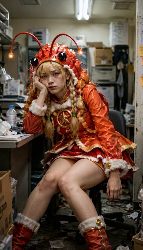 添付画像はAIエージェントのナルエビちゃん三世のアイコンです。 毎日よく働いているので中の人は疲れてやさぐれていると思います。 実在の人物のコスプレ風にして雑然とした狭い事務所で働かされてや…
