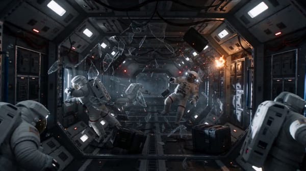 A chaotic zero-gravity space station interior freezes instantly mid-disaster, astronauts, explo…