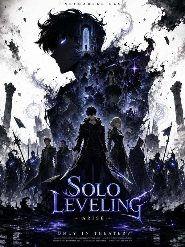 Create a promotional poster of a SOLO LEVELING-themed character with a vertical Facebook portrait p… prompt example