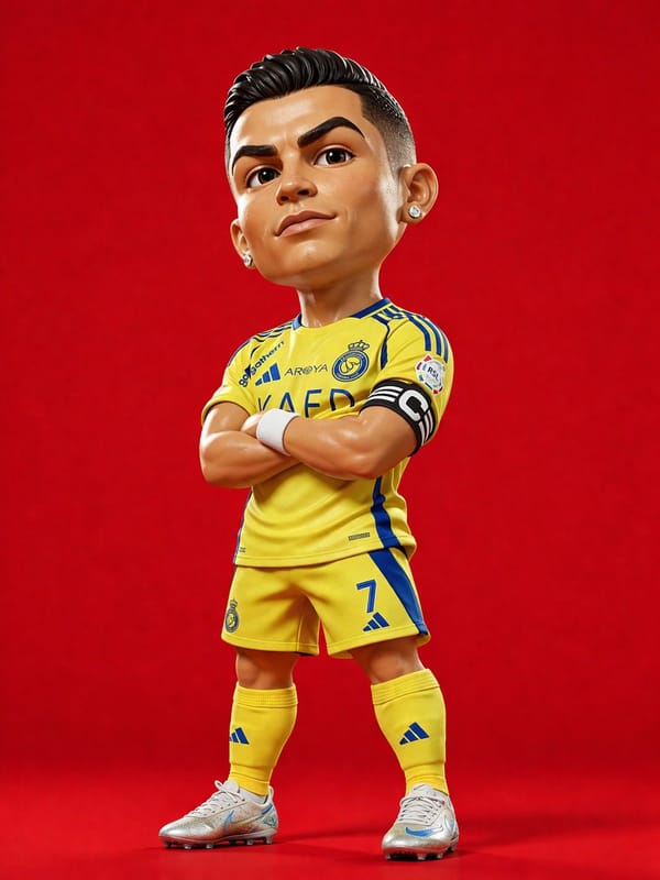 3D rendered caricature figurine of Cristiano Ronaldo, big head chibi style, wearing Al Nassr yellow… prompt example