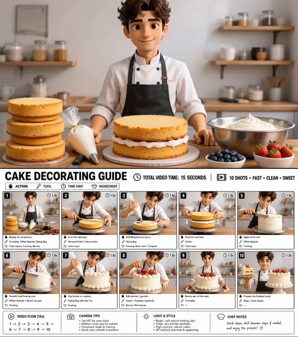 Use the attached CAKE DECORATING GUIDE image as the main storyboard reference. Create a 15-seco…
