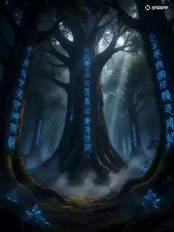 A vast ancient forest, towering trees thousands of years old, their bark carved with glowing ru…