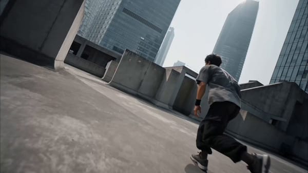 Cinematic parkour action video, a 22-year-old Asian male with messy black hair, wearing an over…