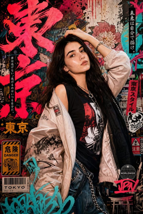 Create a high-detail portrait poster in a bold Japanese graffiti-inspired art style, combining mode… prompt example