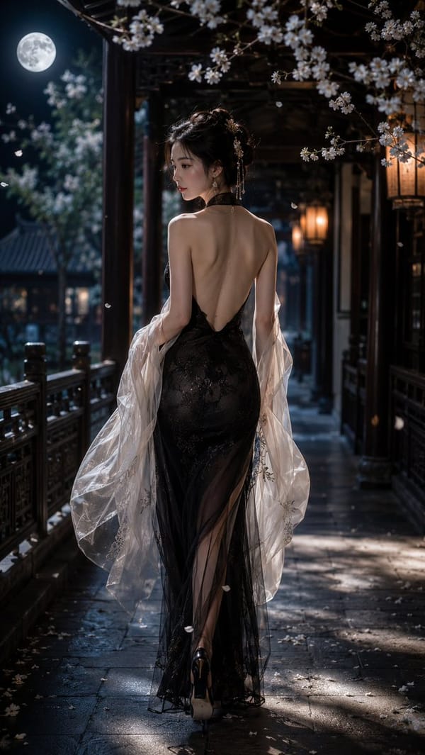 一位成年东方女性，9:16 竖版构图，写实风格，全身偏背面人像，人物行走在一条古典中式回廊之中，画面从后方略低机位捕捉她的身影，人物为绝对视觉中心。她微微回首，露出精致柔和的侧脸与安静迷人的…