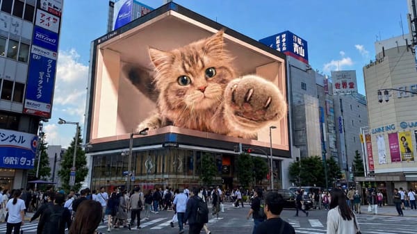 a giant L-shaped naked-eye 3D LED screen at a busy city crossing, with a lifelike Maine Coon pl…