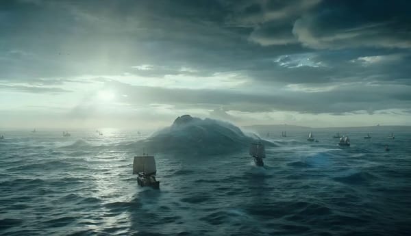 A colossal titan rises from the sea as a city-sized storm crashes toward the horizon. Ships sca…