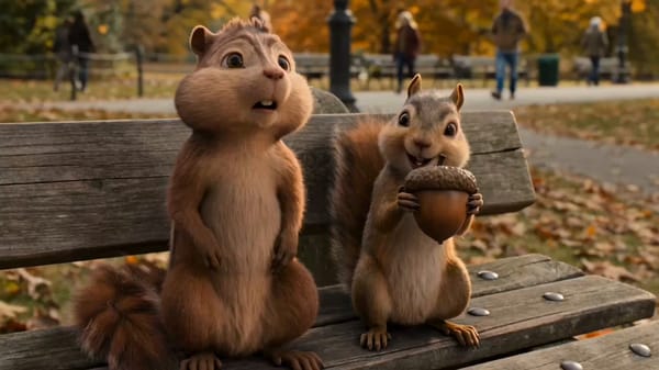 Two squirrels sit on a park bench like old men, one having a profound philosophical realization whi… prompt example