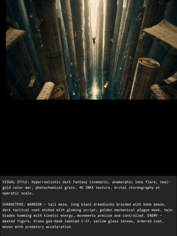 VISUAL STYLE: Hyper realistic dark fantasy cinematic, anamorphic lens flare, teal-gold color wa…