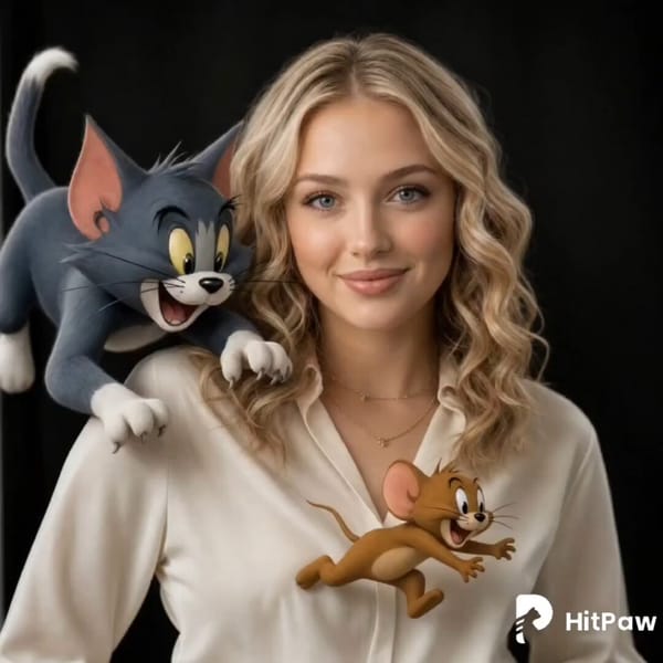 The 3D cartoon gray cat and brown mouse are playfully chasing each other on the person's should…
