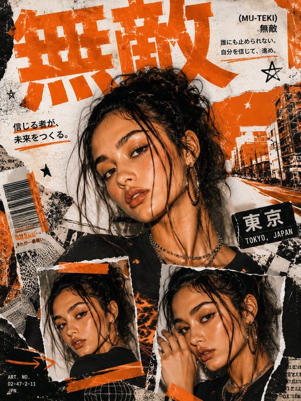 Create a bold Y2K Japanese street-editorial collage poster with a clean high-fashion magazine aesth… prompt example