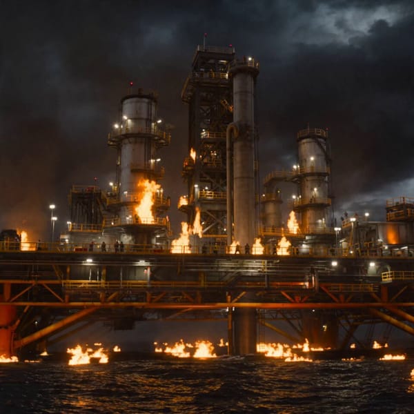 Shot 1 (0s–2s) Ultra-wide cinematic storm shot. A gigantic offshore oil rig burns violently in the… prompt example