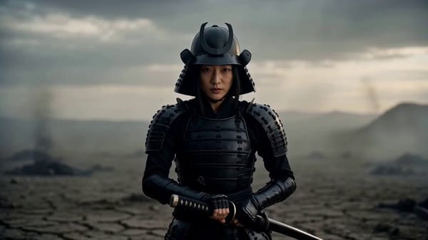 "Cinematic samurai action blockbuster. 8K resolution, IMAX-level cinematic quality, dark desola…
