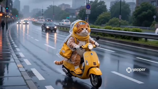 Cinematic cute orange tabby cat riding a yellow vintage scooter through a rainy Japanese city s…