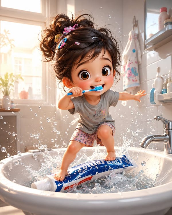 A whimsical, ultra-detailed 3D illustration of a cute toddler girl with an oversized head and big e… prompt example