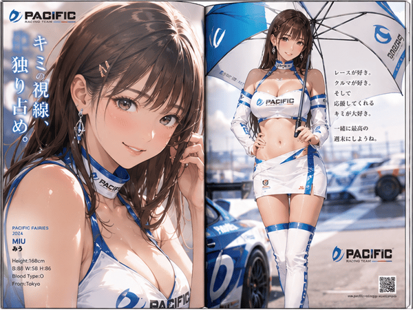 レースクィーン雑誌の見開きページを作成。 接写あり。 日本人モデル。 スタイルを変えて4枚作成。 アニメイラスト調。 prompt example
