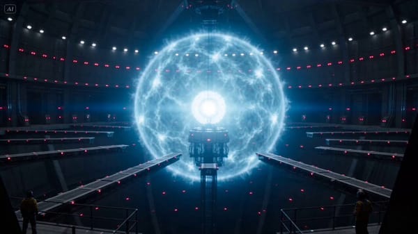Massive reactor chamber, energy core destabilizing while a technician tries to shut it down man…