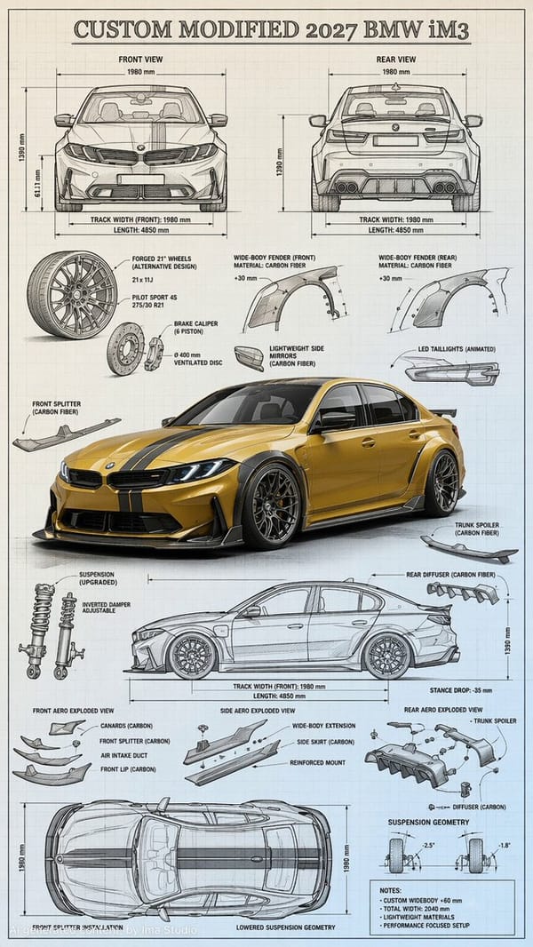 Highly detailed technical blueprint sketch and realistic 3D–render fusion of a custom modified car… prompt example