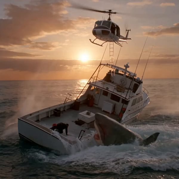 Classic 1980s Panavision blockbuster look inspired by Jaws — anamorphic lens flares, aggressive…