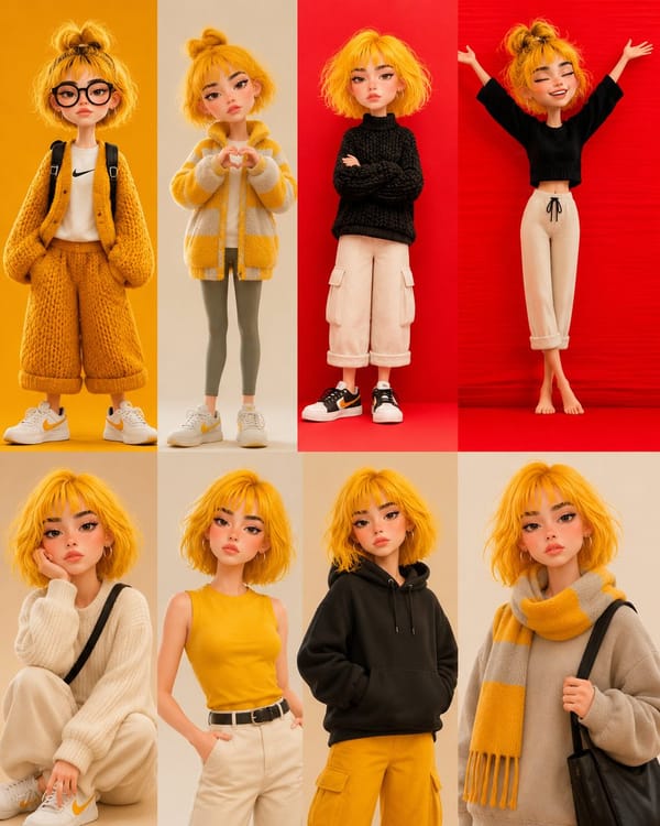 Ultra detailed stylized 3D Pixar-inspired girl collage, same female character in 8 different aesthe… prompt example