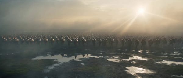 Cinematic wide shot of a massive medieval army clash in Age of Mythology style, Greek hoplites…