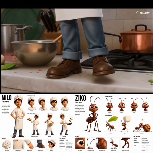 image1 chef Milo chases image2 ant Ziko across a long kitchen countertop using a giant metal spatul… prompt example