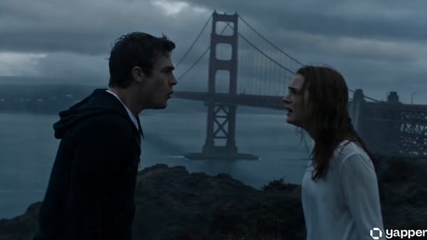Cinematic handheld shot of an original young couple arguing on a stormy coastal cliff near a giant… prompt example
