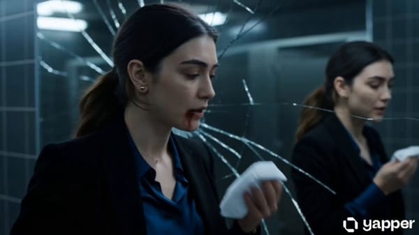 A single continuous 15-second cinematic long shot inside a sterile, dimly lit public restroom.…