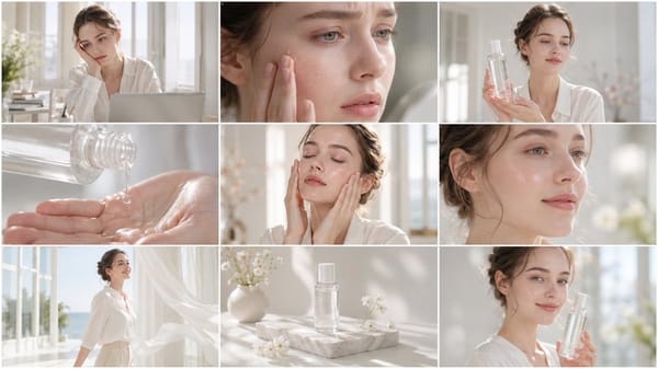 Create a clean, bright skincare commercial storyboard in a 16:9 layout with 9 panels. Use soft natu… prompt example