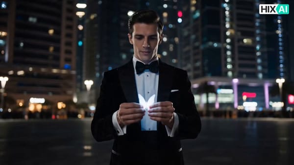 An ultra-cinematic fantasy magic sequence set at night in a luxurious modern city plaza surroun…