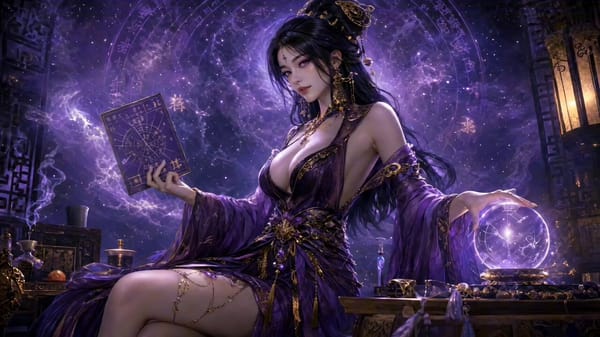 A stunningly seductive and elegant Chinese fortune teller， 25yo， long wavy black hair with glos…