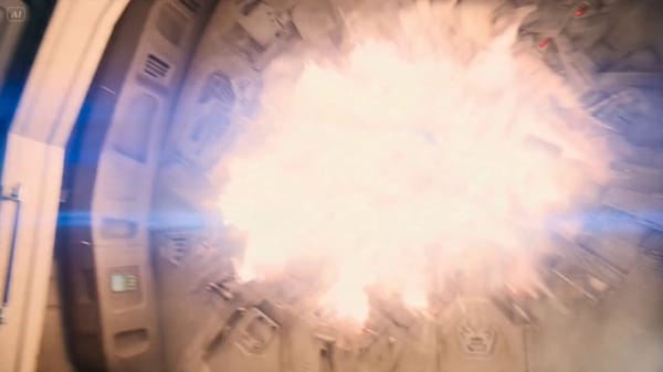 Explosive decompression scene: wall ruptures, crew sucked into space, heroic soldier grabbing r…