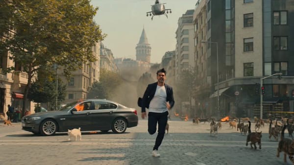 The man in Image 1 is running towards the camera through cats on a wide street in Istanbul. The…