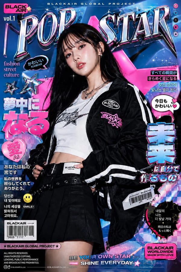 Ultra-stylized high-fashion editorial poster of a confident young Asian female model standing in th… prompt example