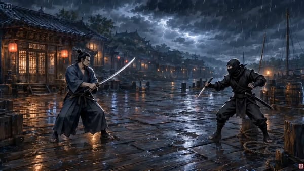 Style: 2D wuxia brushwork, Chinese ink painting aesthetic, parchment texture, black ink outline…