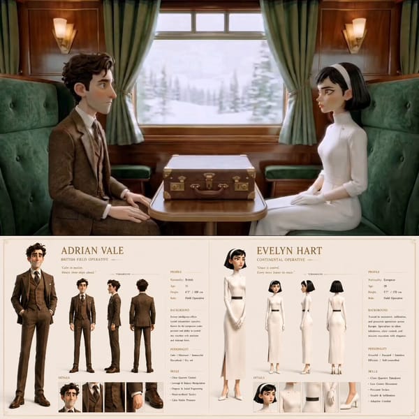 A stylized character design sheet features two sophisticated operatives, Adrian Vale and Evelyn Har… prompt example