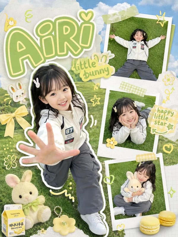 Kawaii scrapbook-style children photography poster, cute little girl with long black hair posing on… prompt example