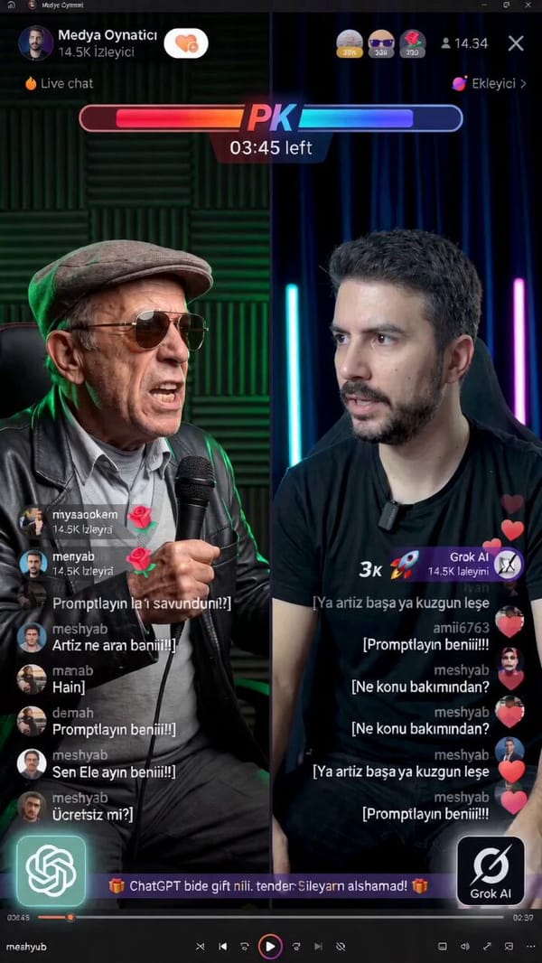 “Ultra realistic split-screen livestream PK battle video, inspired by TikTok/YouTube live battle fo… prompt example