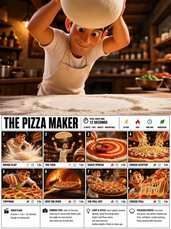 Use the attached THE PIZZA MAKER storyboard image as the exact reference. Create a 12-second 16…
