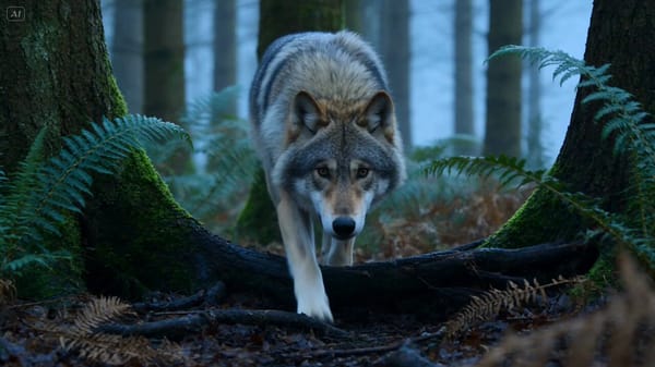 Ultra-realistic 15-second wildlife sequence in a dense forest at dawn, cold mist between trees,…