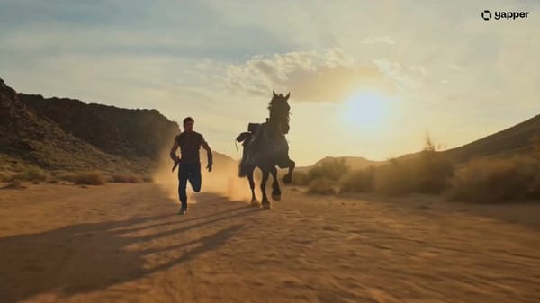 "Warrior running beside a black stallion in a desert canyon at golden hour, mounting the horse…