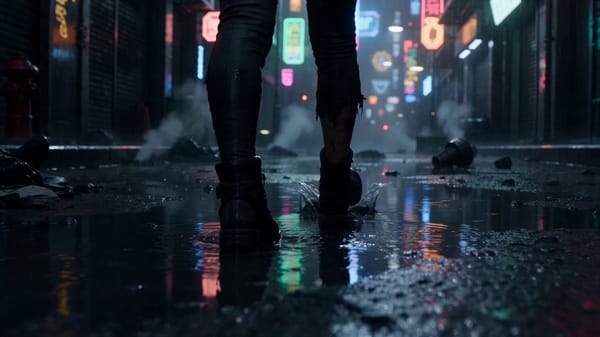 Ultra-realistic cyberpunk alley at night, heavy rain, neon reflections, steam vents, holograms…