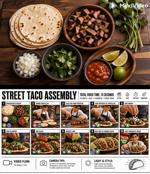 Use the attached STREET TACO ASSEMBLY image as the exact storyboard reference. Create a 15-second 1… prompt example