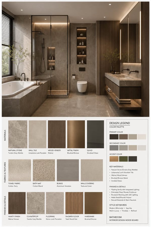 你是一名专业的室内设计 Mood Board 创作者。请基于用户提供的 [Space Type] 室内设计照片，生成一张 竖版 3:4 的高端室内设计情绪板。整体视觉参考专业室内设计提案图，呈现 [… prompt example
