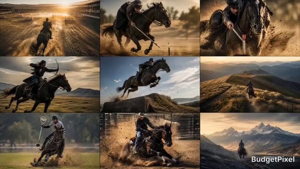 Create a hyper-realistic Hollywood-style cinematic sports film sequence featuring a horse and e…